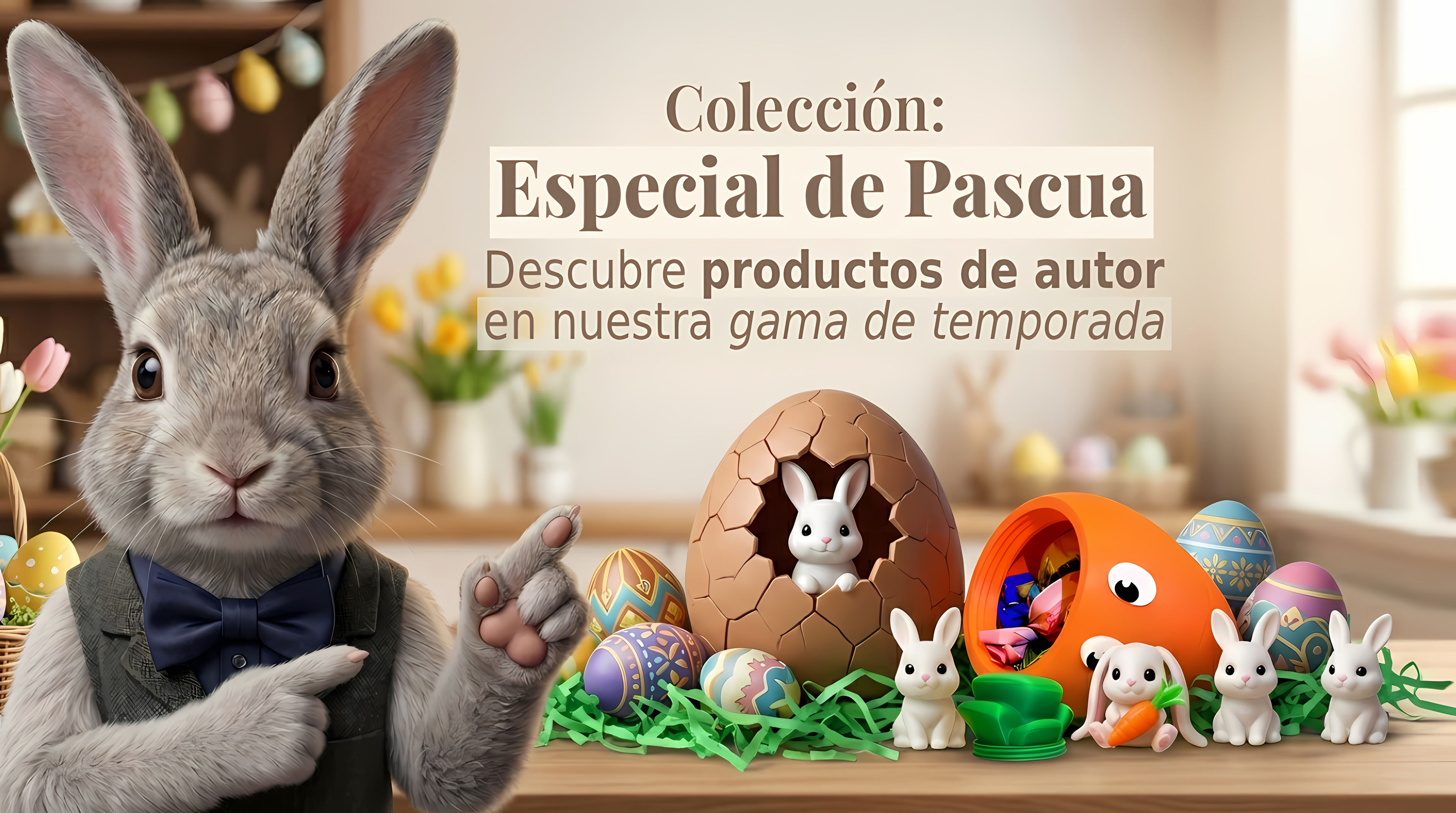 conejo_banner_apunta_a_la_coleccion_de_pascua_de_el_taller_de_fernando_huevo_sorpresa - El Taller de Fernando Canguro de apoyo emocional viral en Instagram, figura decorativa viajera sosteniendo un ticket de avión. Diseño exclusivo de El Taller de Fernando.